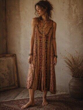 Vintage 90s Pagoda Boho Embroidered Dress Size 1X Rayon Artsy Indie